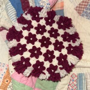 Vintage Handmade Burgundy and White Crochet Small Doily